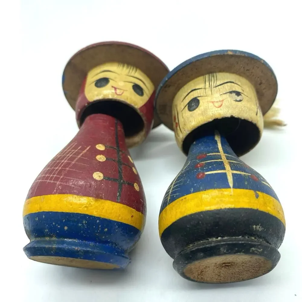 Pair‎ Vtg 50s Mid Century MCM WOODEN KOKESHI Bobblehead  Dolls Figurine Japan